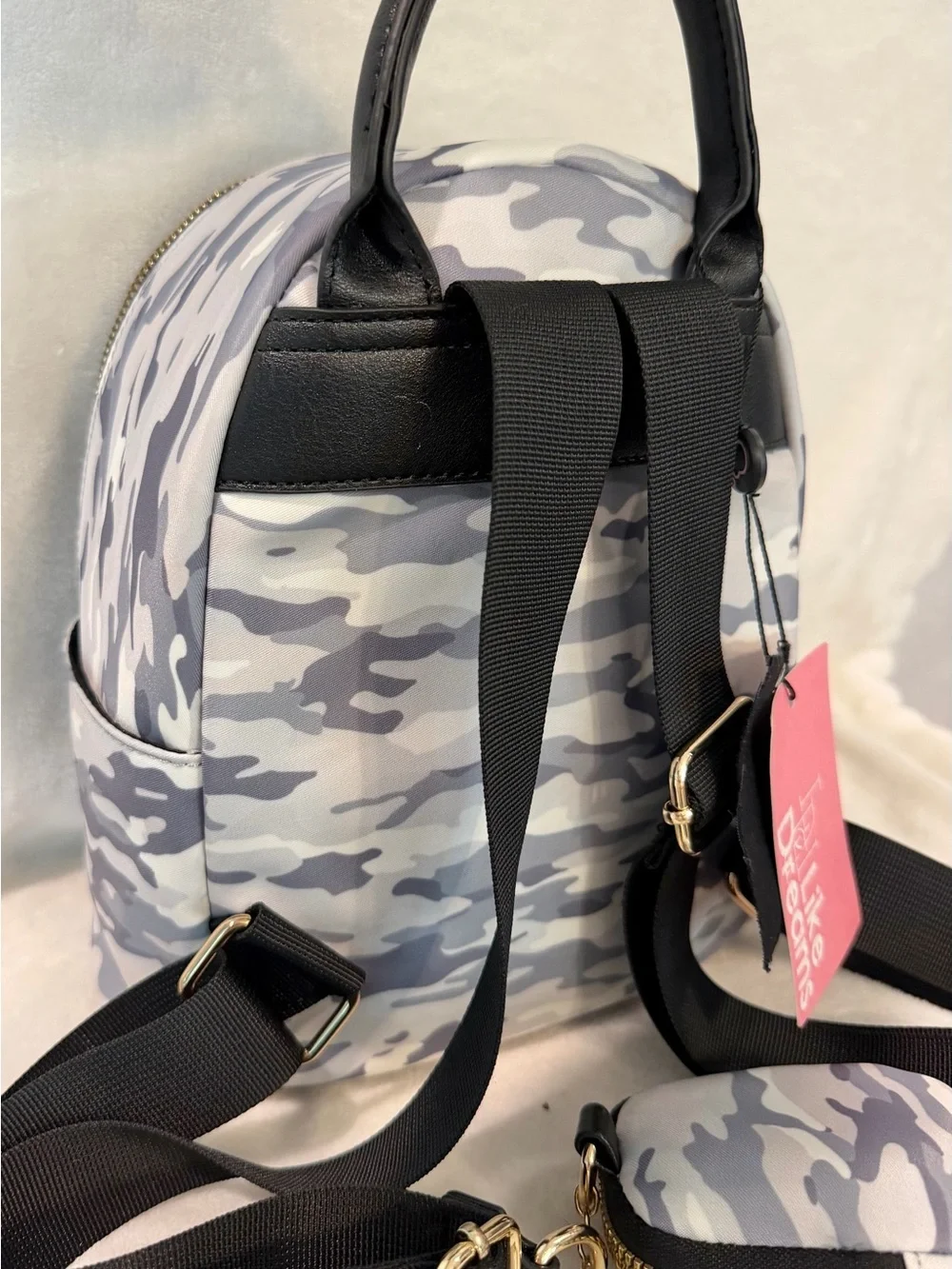Gray Camo Mini Backpack Convertable Handbag, Adjustable Straps & Gold Hardware